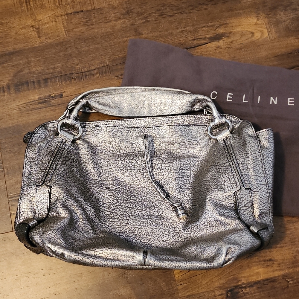 Authentic Celine Crackled Silver Large Shoulder Bag